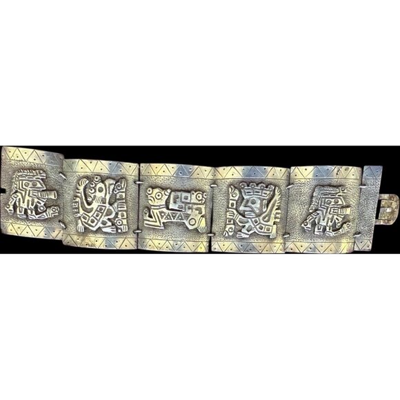 Vintage 900 Silver Peruvian Tribal Panel Bracelet With Engraved God Motifs 7" - Picture 9 of 9